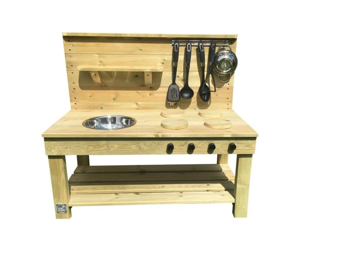 outdoor wooden mud kitchen with utensils